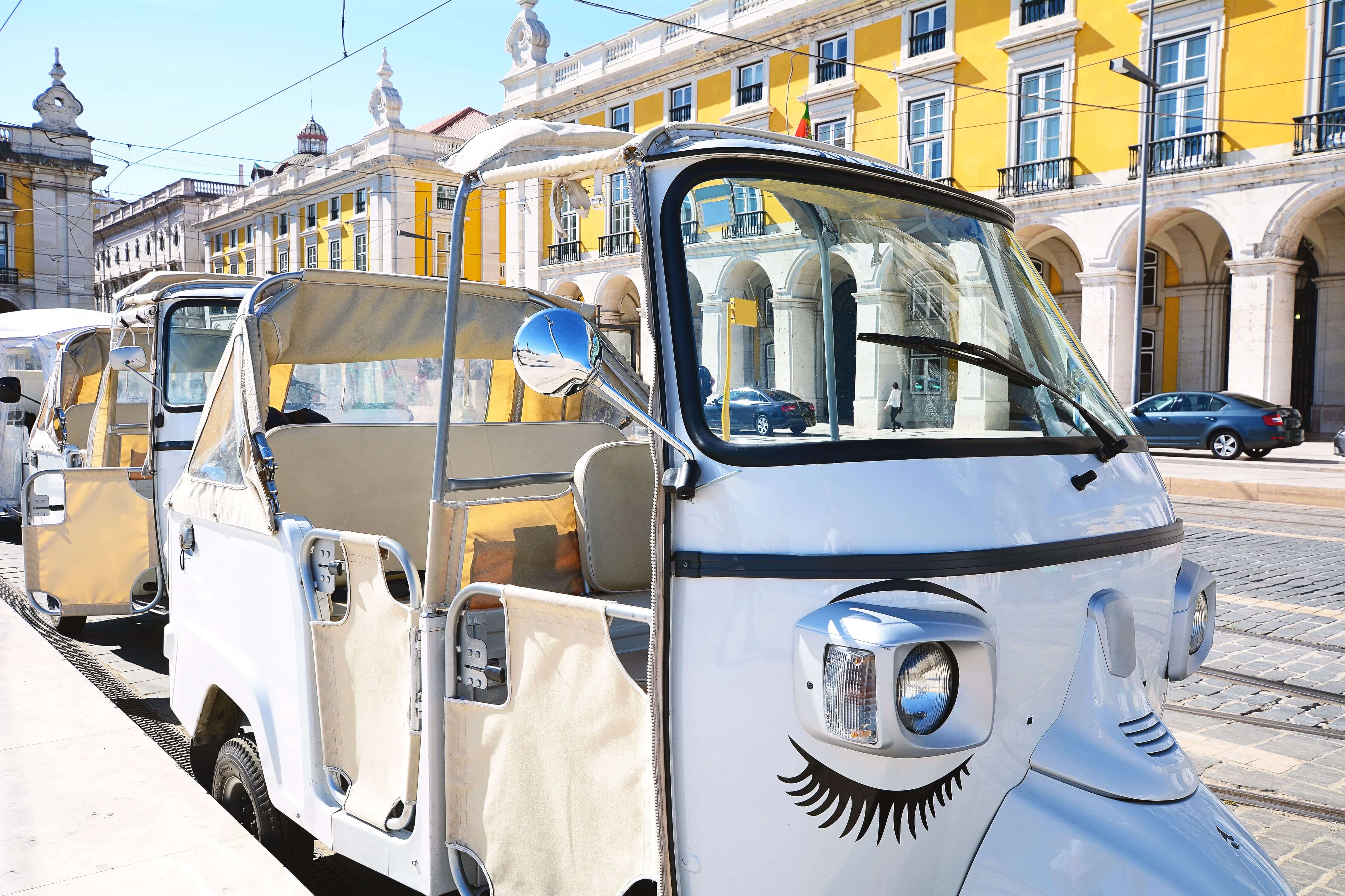 Close up view of tuk tuk on street of Lisbon in Portugal.